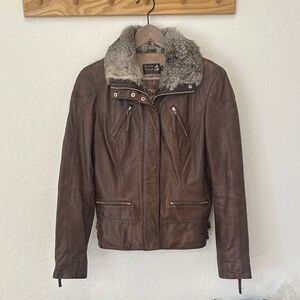 River Island Dark Brown Leather Jacket with Gray Fur Collar